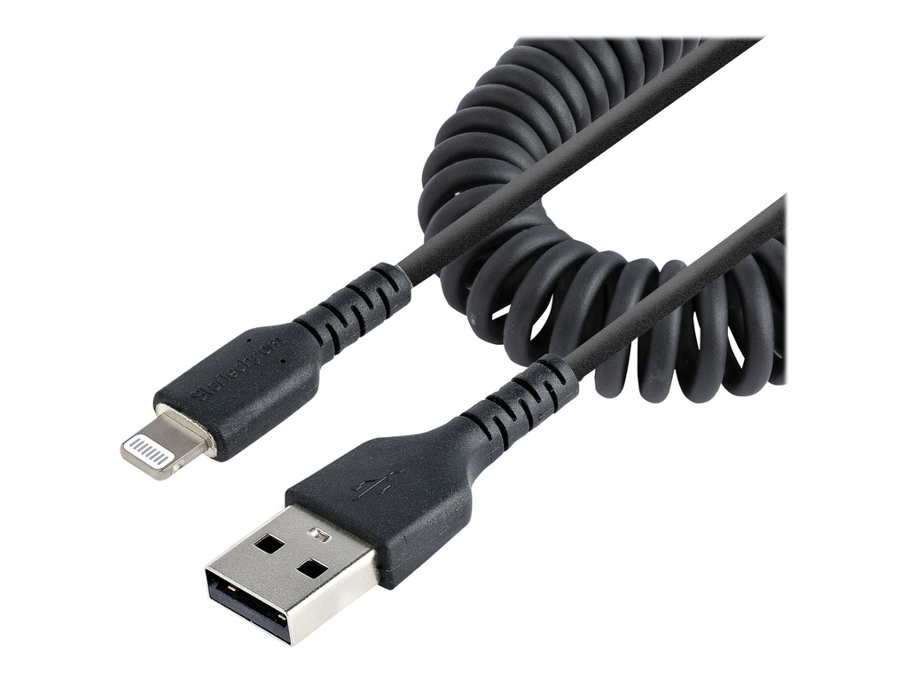 StarTech.com Startech 50cm USB auf Lightning Kabel, Spiralkabel, MFi zertifiziert, Schnellladekabel für  iPhone/iPad, Schwarz, robuster TPE Mantel mit Aramidfaser, USB 2.0 Kabel (RUSB2ALT50CMBC)