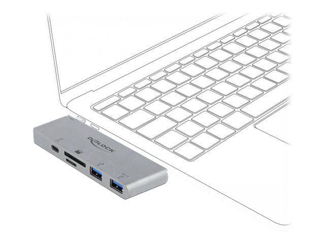 Delock 3 Port Hub and 2 Slot Card Reader for MacBook with PD 3.0 and retractable USB Type-C Connection - Hub - 2 x USB 3.2 Gen 1 + 1 x USB-C (Spannungsversorgung)