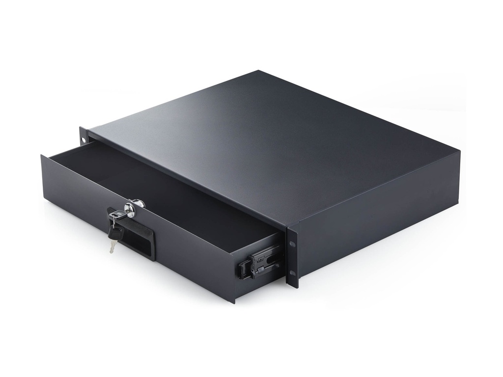 StarTech.com Startech - Rack Storage Drawer - hintere Kabeldurchführungsöffnungen, Schlüssel enthalten, abschließbar, Stahl, 10 kg Kapazität - Vorderseite - Schrankmontage, Rack montierbar - Schwarz - 2U - 48.3 cm (19")