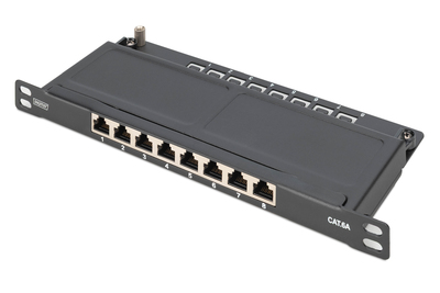 [DN-91608S-SL-EA] DIGITUS CAT 6A Slim Patch Panel, geschirmt, 8-Port, 0,5 HE, 10", schwarz